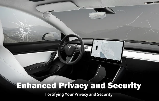 Interior of a Tesla with a cracked side window and windshield, showcasing the dashboard's large touchscreen display and white leather seats, with the text "Enhanced Privacy and Security – Fortifying Your Privacy and Security" overlaid at the bottom.