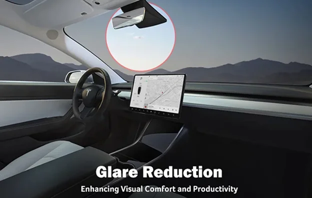 Interior of a Tesla facing a bright sun in the sky, with a red circle highlighting glare on the windshield. Text overlay reads, “Glare Reduction – Enhancing Visual Comfort and Productivity,” emphasizing the vehicle’s anti-glare features.