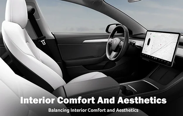 Interior of a Tesla featuring minimalist design with white leather seats, a sleek dashboard, and a central touchscreen display. The text on the image reads, “Interior Comfort And Aesthetics – Balancing Interior Comfort and Aesthetics.”