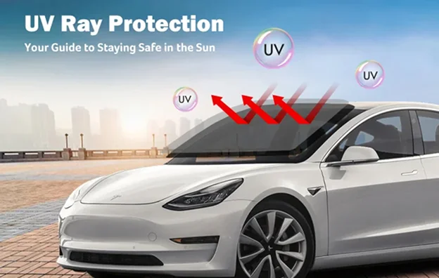 White Tesla parked outdoors under a sunny sky with red arrows and UV-labeled bubbles illustrating ultraviolet rays being blocked by the windshield. Overlaid text reads, “UV Ray Protection – Your Guide to Staying Safe in the Sun.”