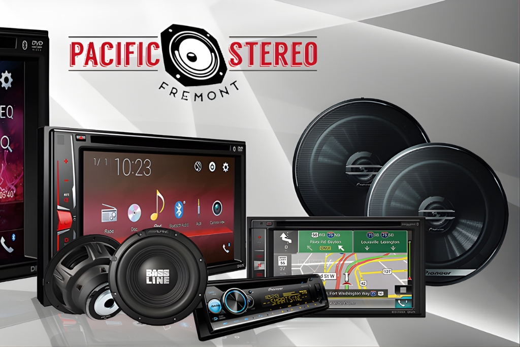 Display of modern head units, speakers, subwoofers, and navigation systems from Pacific Stereo Fremont, showcasing the best car audio upgrades for 2025.