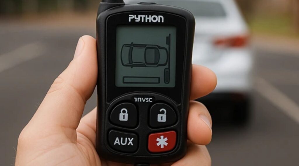 Promotional graphic for Pacific Stereo Fremont featuring a hand holding a Python car remote starter, with the text “The 2026 Guide to Car Security Systems” and “What every driver in Fremont needs to know.”