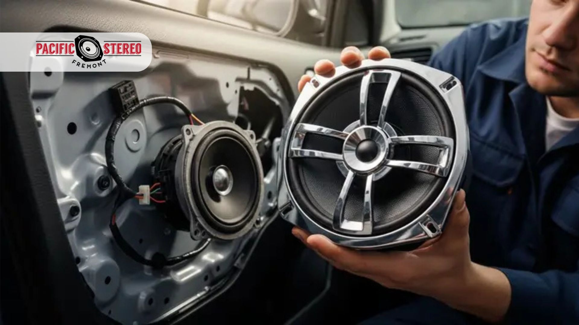 Technician installs new car speaker inside a vehicle door panel while holding an upgraded speaker next to the factory unit to show a car speaker upgrades comparison.